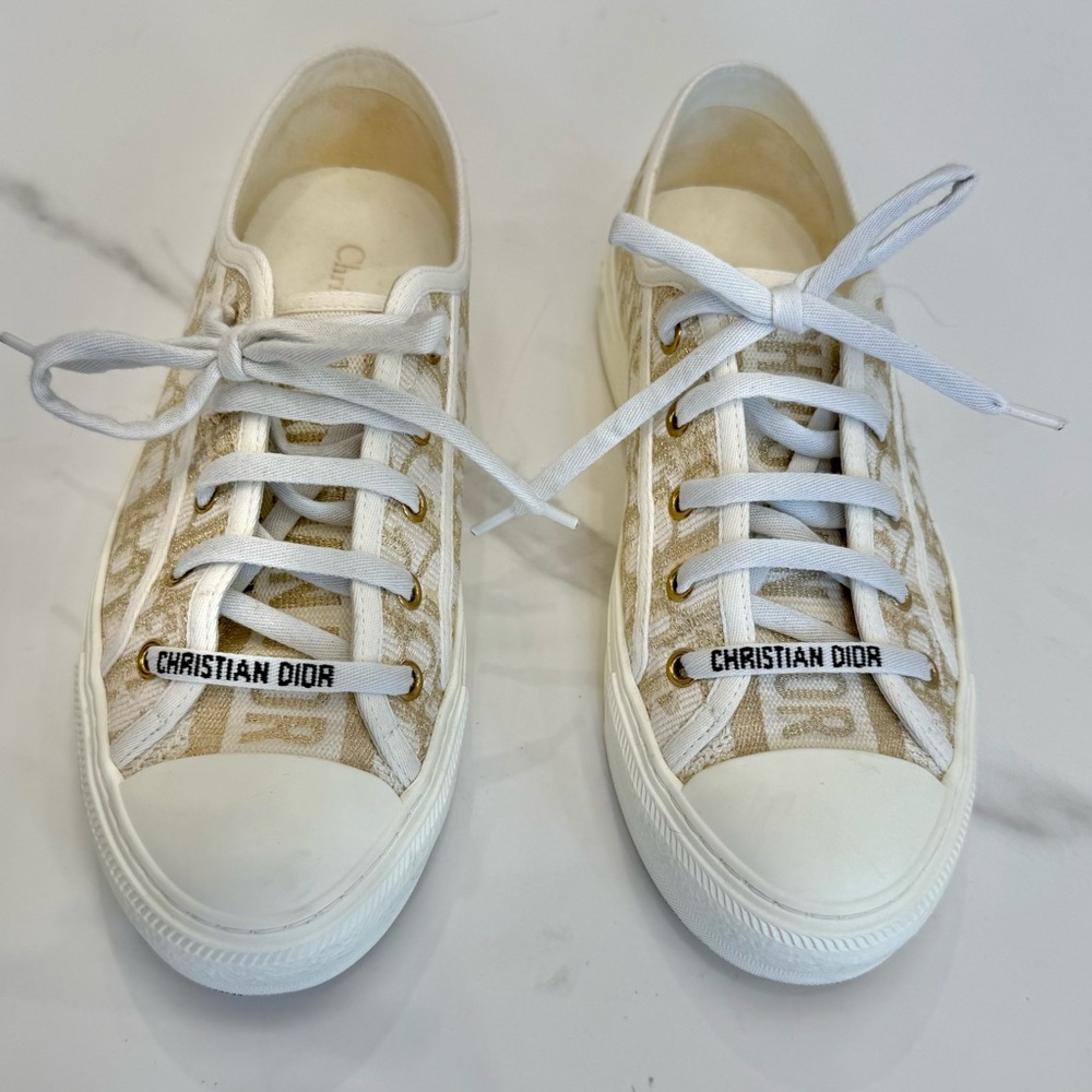 Dior White Beige Logo Canvas Low-Top Sneakers